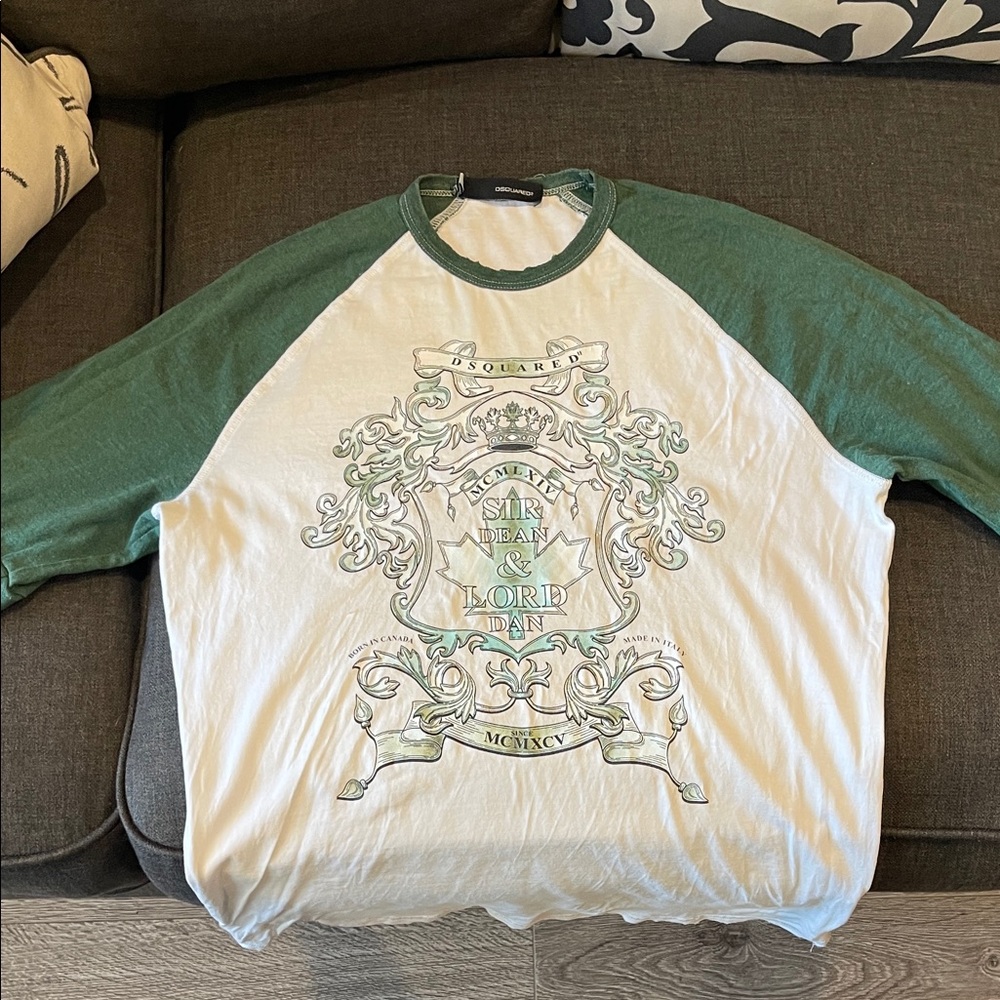 DSQUARED2 White Tee with Green Raglan Sleeves and Crest Graphic